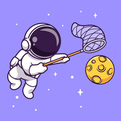 Fototapeta premium Cute Astronaut Catching Moon With Fish Net artoon Vector Icon Illustration Science Technology Icon Concept Isolated Premium Vector. Flat Cartoon Style