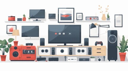 Smart home setup with various connected devices and a central control tablet. Cartoon illustrations vectors