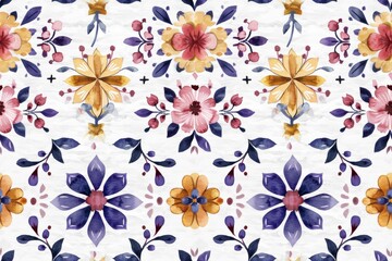 Seamless pattern with a mix of floral and geometric designs in a watercolor style.