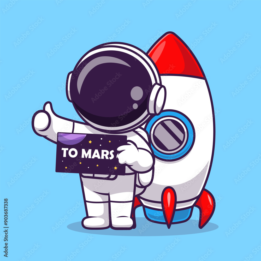 Wall mural cute astronaut going to mars with rocket cartoon vector icon illustration science technology icon co