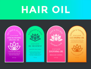 Artisan hair oil labels featuring natural ingredients and vibrant designs for luxurious hair care experience