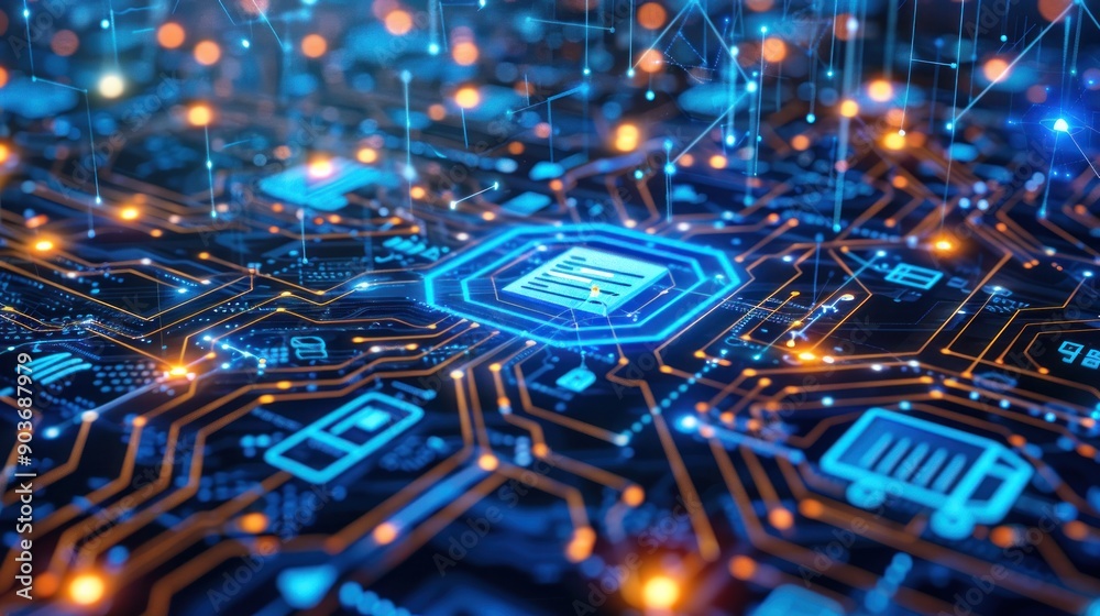 Poster digital network: abstract representation of a computer circuit board with glowing lines, signifying 