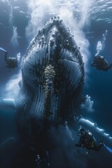 Divers Encounter Majestic Humpback Whale in Ocean Depth