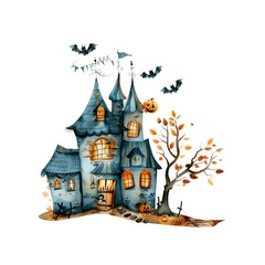 Fototapeta premium Castle, Halloween Watercolor Style Clip Art Transparent Background