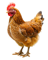 Fototapeta premium Chicken standing white background facing towards left side Brown chicken standing