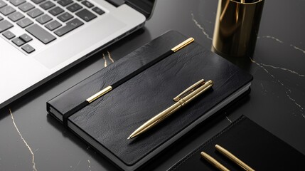 Flat lay of luxurious work equipment including a designer laptop, leather notebook, and gold pen, highly detailed photograph