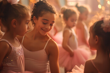 Obraz premium A teenage ballerina smiling, wearing a pink ballet leotard as she helps a toddler. Ballet teacher assistant in a baby ballet toddler dance class.