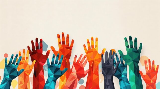 Celebrate diversity and inclusion with vibrant hands and geometric shapes in a bright, uplifting illustration for World Humanity Day.