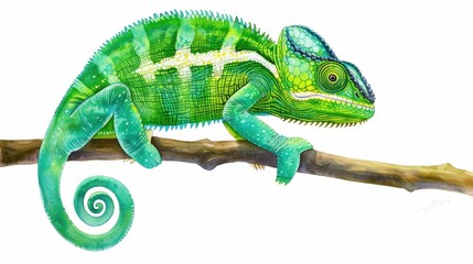 Obraz premium A vibrant watercolor illustration of a chameleon, showcasing its stunning colors and intricate details in natures beauty.
