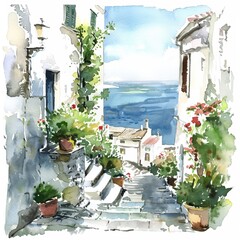 Watercolor painting of a street with a view of the sea, on isolated white background, Generative AI