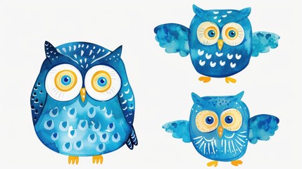 Adorable aquarelle owls in a playful style, perfect for kids rooms or as fun art prints for all ages.