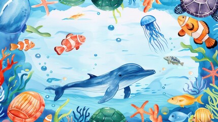 Obraz premium Discover the vibrant ocean life with this stunning watercolor wreath, featuring fish, turtles, and more in harmony.