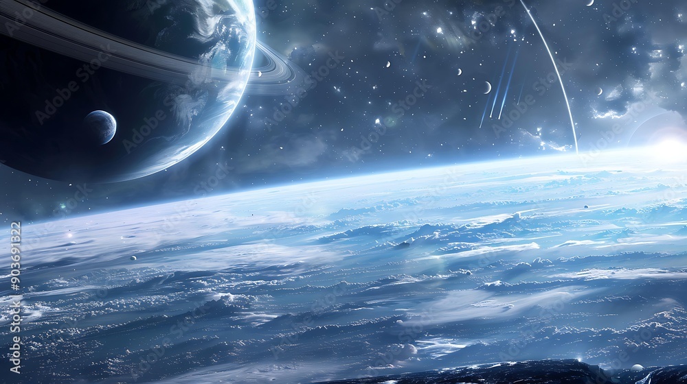Poster a planet with a ring system and multiple moons visible from the window of a spaceship