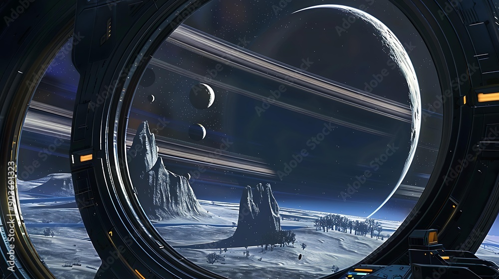 Poster a planet with a ring system and multiple moons visible from the window of a spaceship