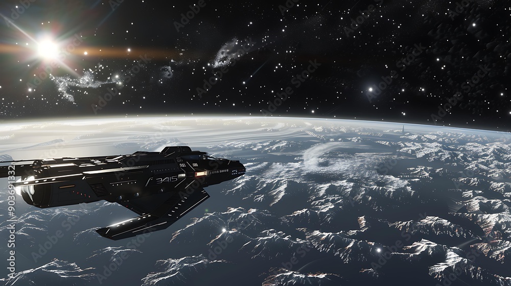 Poster a space station orbiting a distant planet with a view of a star cluster in the background
