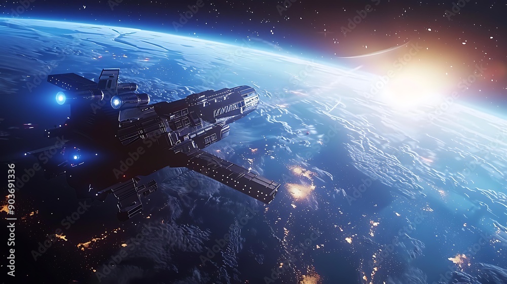 Poster a space station orbiting a distant planet with a view of a star cluster in the background