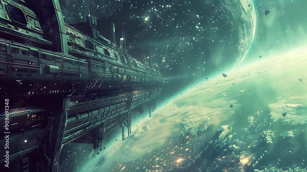 Poster a space station orbiting a distant planet with a view of a star cluster in the background
