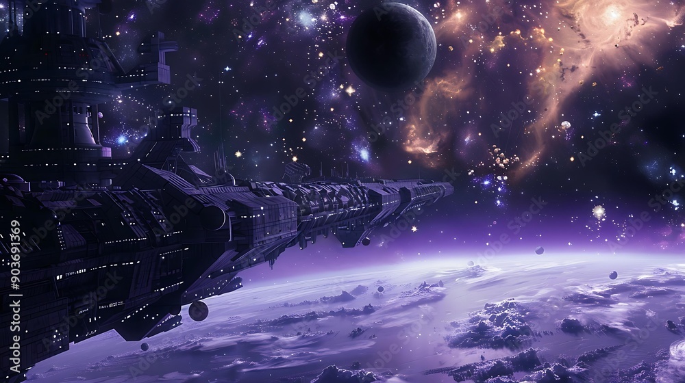 Poster a space station orbiting a distant planet with a view of a star cluster in the background
