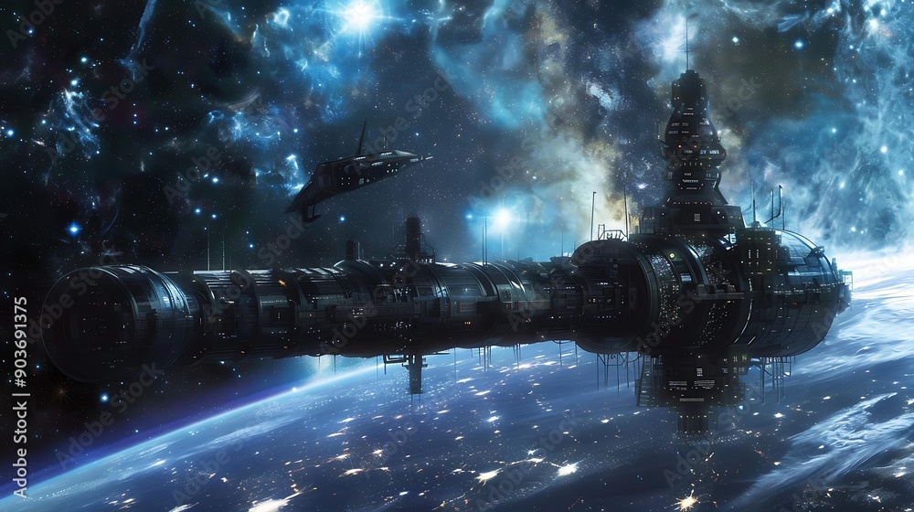 Poster a space station orbiting a distant planet with a view of a star cluster in the background