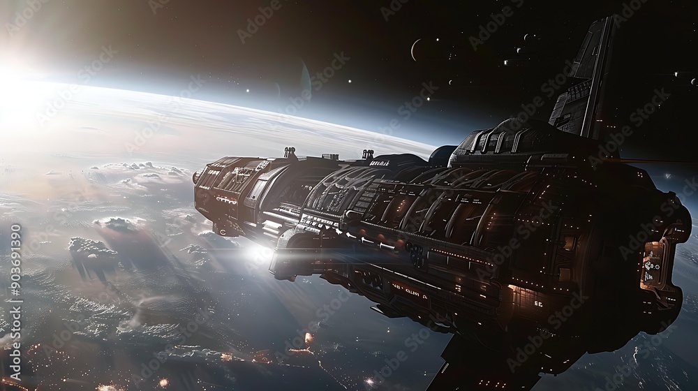 Poster a space station orbiting a distant planet with a view of a star cluster in the background