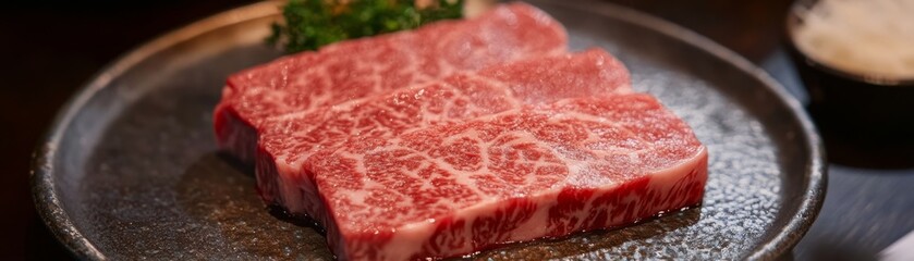 Fototapeta premium Prime Cut: Close-up of Juicy Steak with Perfect Marbling, High-Quality Meat for Gourmet Cookery