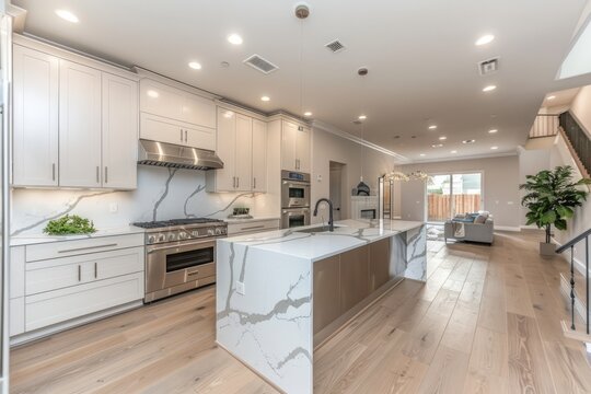 Modern Kitchen With Stainless Steel Appliances And Marble Countertops