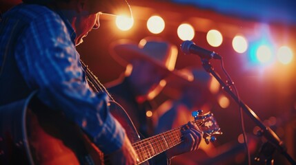 A cowboy strums a guitar while singing on stage, illuminated by vibrant lights in an outdoor venue.