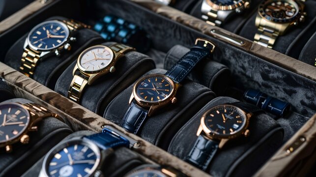 Clear and sharp flat lay of a luxury watch collection displayed on a velvet-lined tray