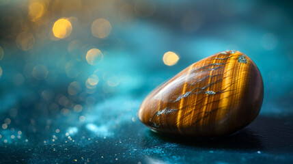 Tiger's eye gemstone on a sparkling blue background, vibrant and mystical.