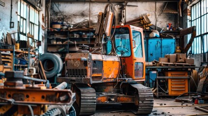 An old construction machine being refurbished in a workshop