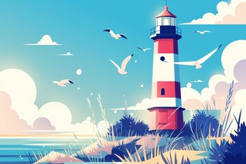 A whimsical lighthouse by the seaside, with seagulls flying around