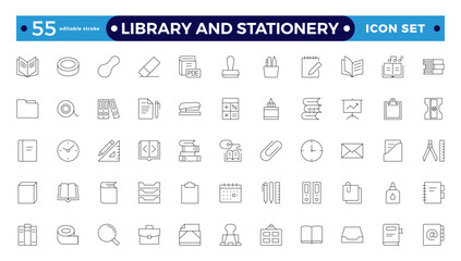 Library and stationery icon set. Contain linear outline icons like College, Knowledge, University, Book, Study, Certificate, Student, Library, Lesson, Stationery. Editable stroke outline icon. 
