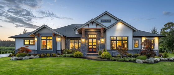 The sunrise enhances the front view of the house, with the green grass and blue sky creating a beautiful and attractive exterior for potential buyers or renters.