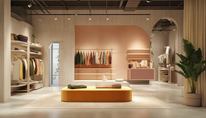 Minimalist Clothing Store Interior with Yellow Seating