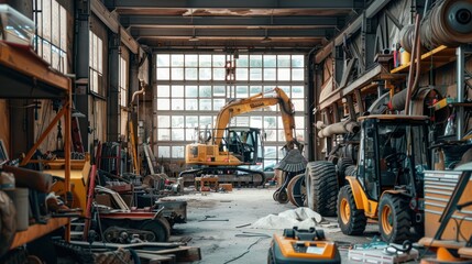 Fototapeta premium A mechanic's workshop filled with construction machinery under repair