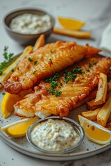 Crispy Fish and Chips With Tartar Sauce and Lemon Wedges