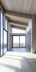 Obraz premium Empty room in a luxury property with outdoors views and wall panels. Luxurious residential Real Estate conceptual image.