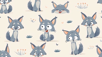 Cute Fox Seamless Pattern: Adorable gray fox with different funny faces in a repeating pattern, perfect for kids' textiles, stationery, and more. 