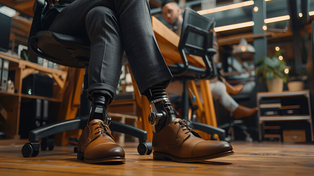 Legs of a man with a cybernetic prosthesis sitting in an office. Prosthetic details and elegant leather shoes are visible in the foreground, emphasizing style and professionalism. - Powered by Adobe