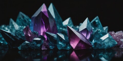 Crystals on black background, abstract backdrop.