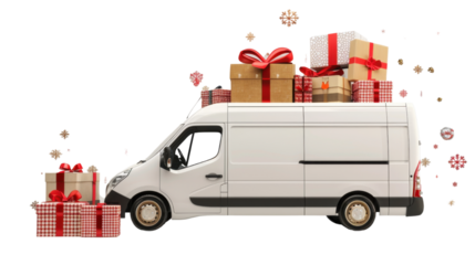 Christmas gifts on van on transparent background