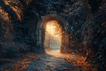 Obraz premium A Mystical Stone Archway Opens to a Sunlit Forest Path