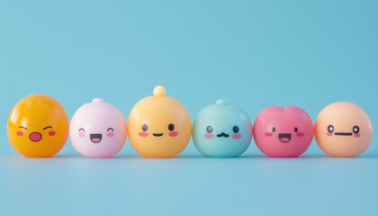 Adorable 3D cartoon faces with various expressions on colorful round shapes against a blue background.