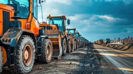 A line of road construction machinery parked at the side of a highway under construction