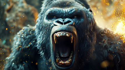 Closeup of Roaring Big Silverback Black Gorilla