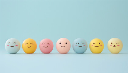Colorful smiling face spheres in a row on a light blue background, each expressing a different happy emotion.