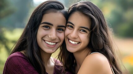 Two woman posing together. Female adult siblings smiling at camera