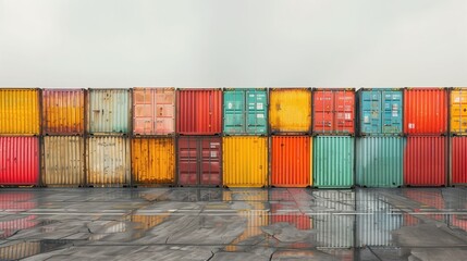 Fototapeta premium Colorful Shipping Containers Stacked in a Row on a Wet Concrete Surface with Reflections on a Cloudy Day