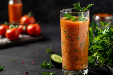 Fototapeta premium Enjoy a refreshing savory vegetable smoothie served in a tall glass, perfectly chilled and garnished with fresh herbs.