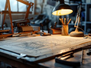 Architect's Workspace with Blueprint and Tools
